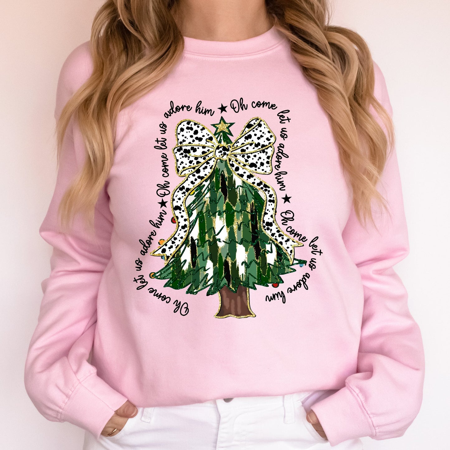 Oh Come Let Us Adore Him, Christmas Tree, Dalmatian Print, Xmas Sweatshirt
