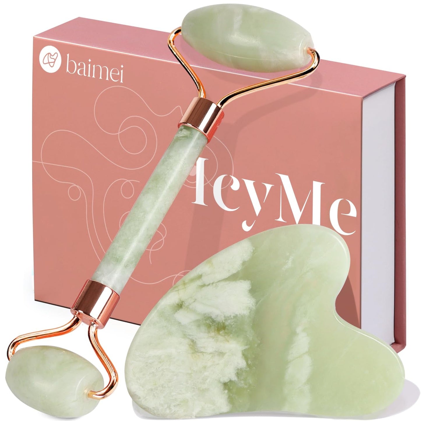 BAIMEI Icyme Gua Sha & Jade Roller Facial Tools Face Roller and Gua Sha Set for Puffiness and Redness Reducing Skin Care Routine, Self Care for Men Women - Green