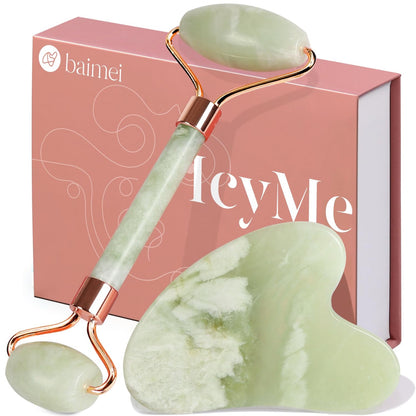 BAIMEI Icyme Gua Sha & Jade Roller Facial Tools Face Roller and Gua Sha Set for Puffiness and Redness Reducing Skin Care Routine, Self Care for Men Women - Green