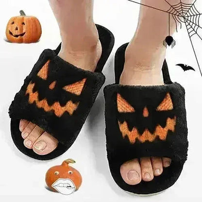 Halloween Pumpkin Fuzzy Slippers Soft Plush Cozy Open Toe Women Slides