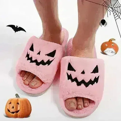 Halloween Pumpkin Fuzzy Slippers Soft Plush Cozy Open Toe Women Slides