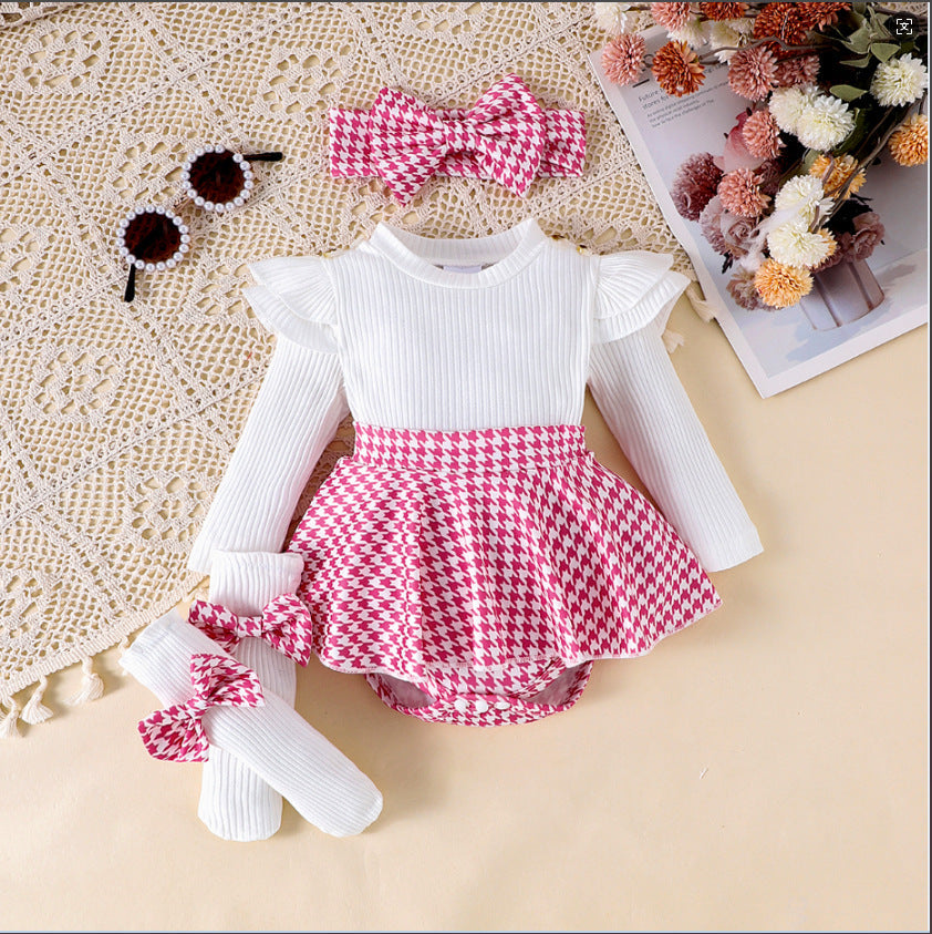 Sunken Stripe Long Sleeve Stitching Houndstooth Skirt One-piece Romper
