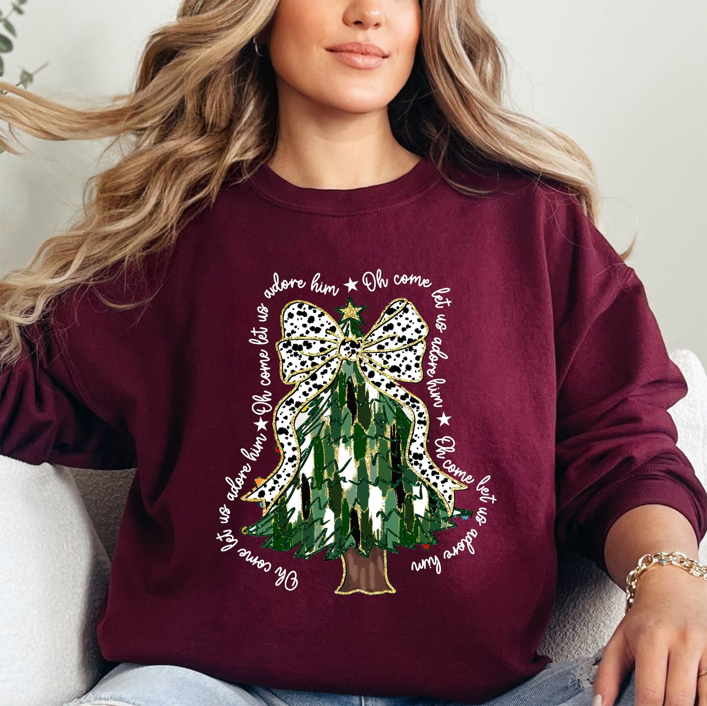 Oh Come Let Us Adore Him, Christmas Tree, Dalmatian Print, Xmas Sweatshirt