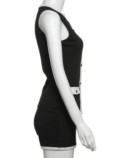 Cutenew Classic Women 2 Piece Set Trend Panelled Single Breasted Sleeveless Tanks+Elastic Waist Shorts Female Matching Outfits