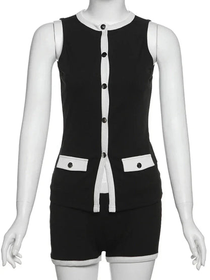 Cutenew Classic Women 2 Piece Set Trend Panelled Single Breasted Sleeveless Tanks+Elastic Waist Shorts Female Matching Outfits