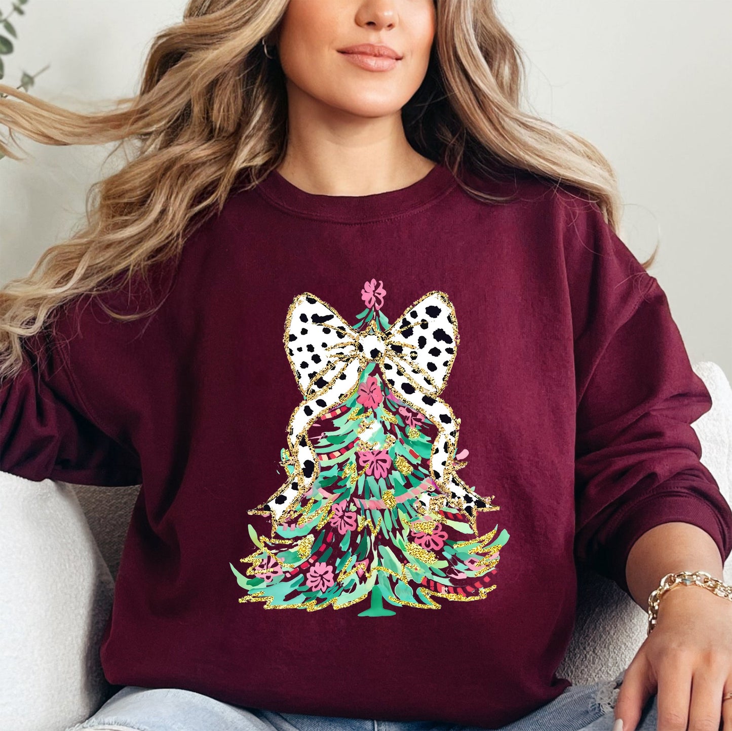 Whimsical Pastel Christmas Tree, Coquette, Ribbon, Bow, Dalmatian Print, Xmas Sweatshirt