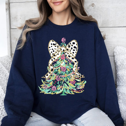 Whimsical Pastel Christmas Tree, Coquette, Ribbon, Bow, Dalmatian Print, Xmas Sweatshirt